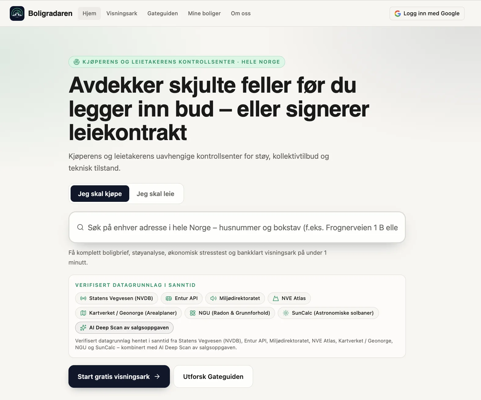 Boligradarens forside med logo, navigasjon og Google-login